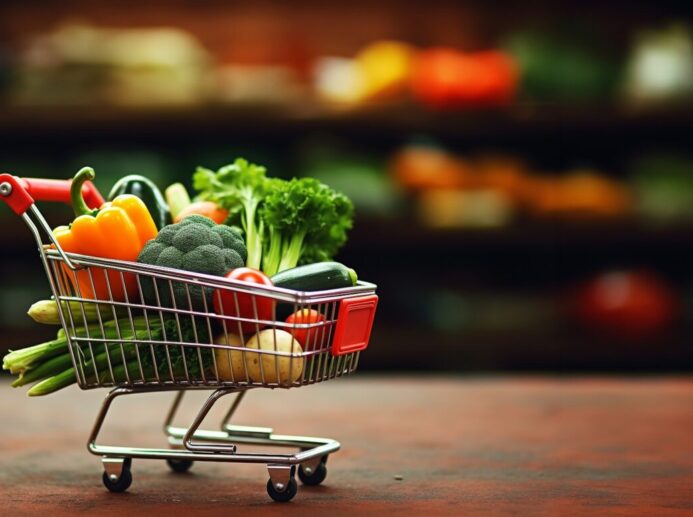 Supermarket shopping cart full of fresh vegetables and fruits, healthy organic food concept on blurred nature background with copy space. Eco friendly, vegan,vegetarian concept