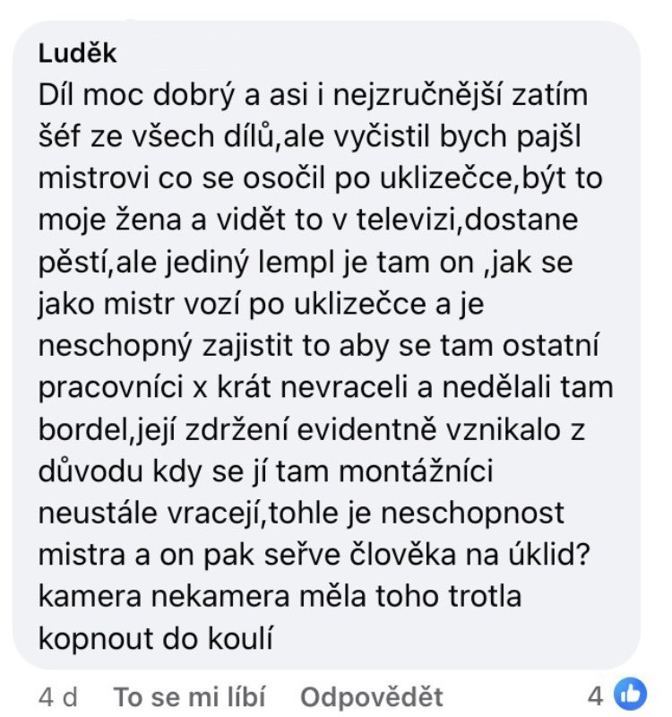 FOTO: Facebook firmy Warex, komentář diváka Luďka