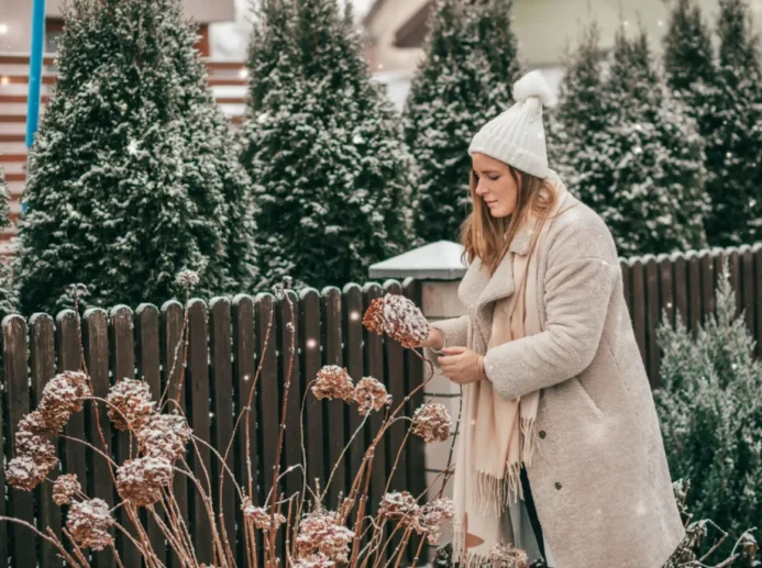 žena na zahradě u zmrzlé rostliny