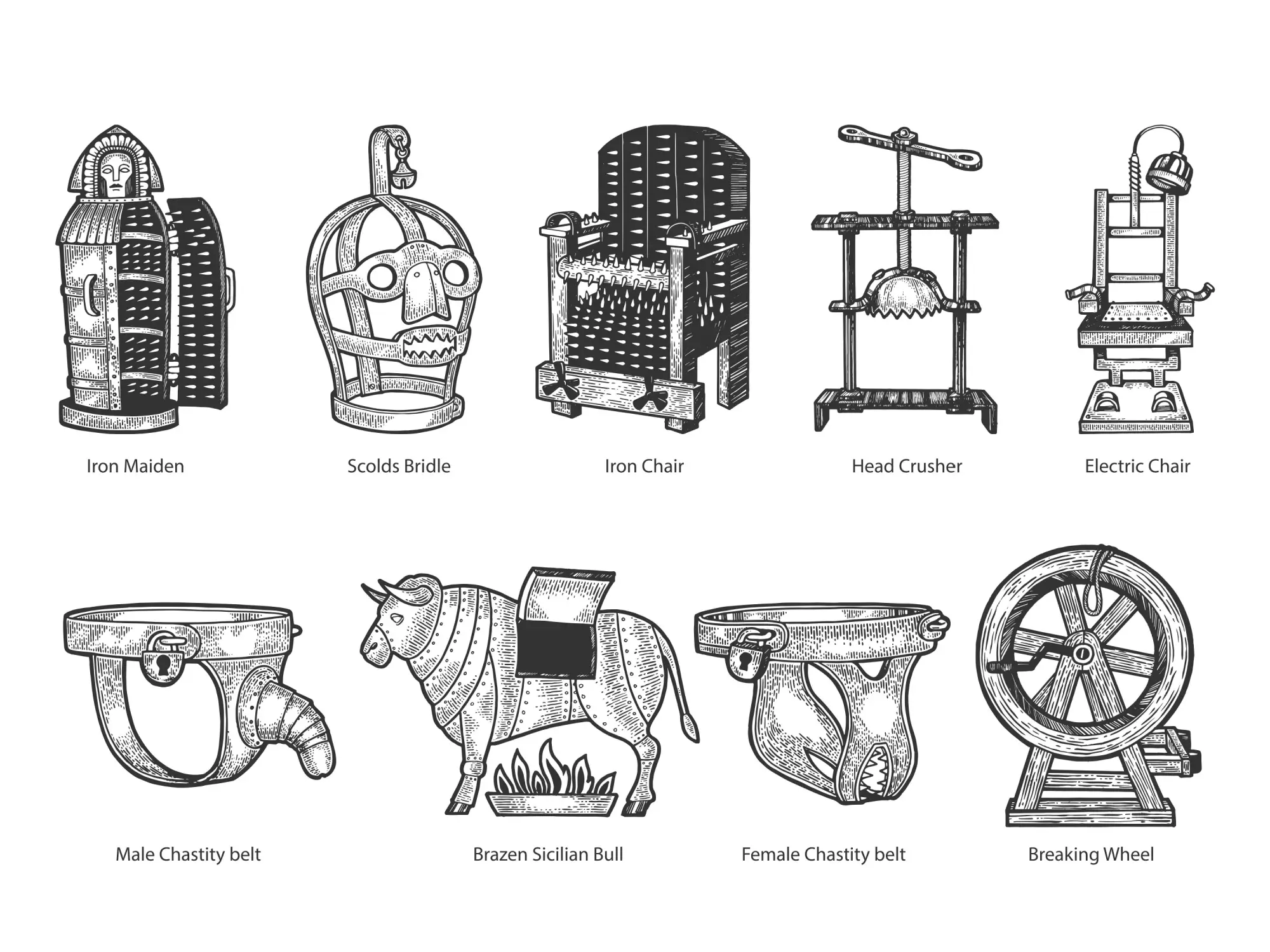 kresba vyobrazující různé středověké mučící nástroje