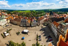 Historické centrum Tábora z leteckého pohledu.