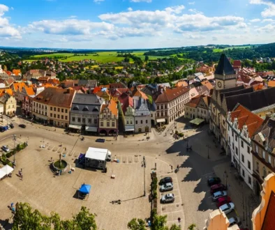 Historické centrum Tábora z leteckého pohledu.