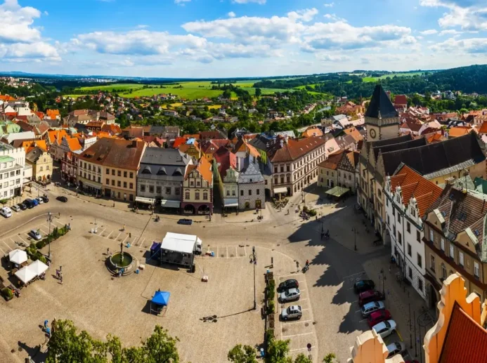 Historické centrum Tábora z leteckého pohledu.