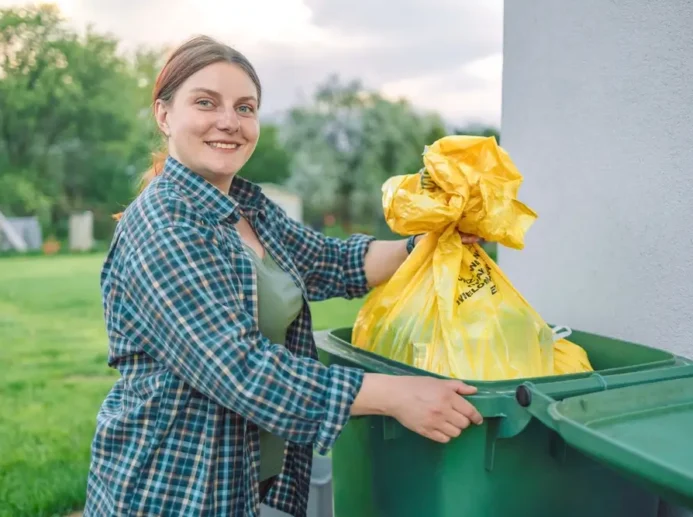 Žena vyhazuje odpad do popelnice.