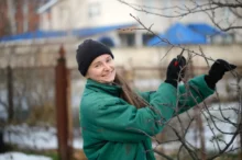 Žena zastřihávající větvičky stromku